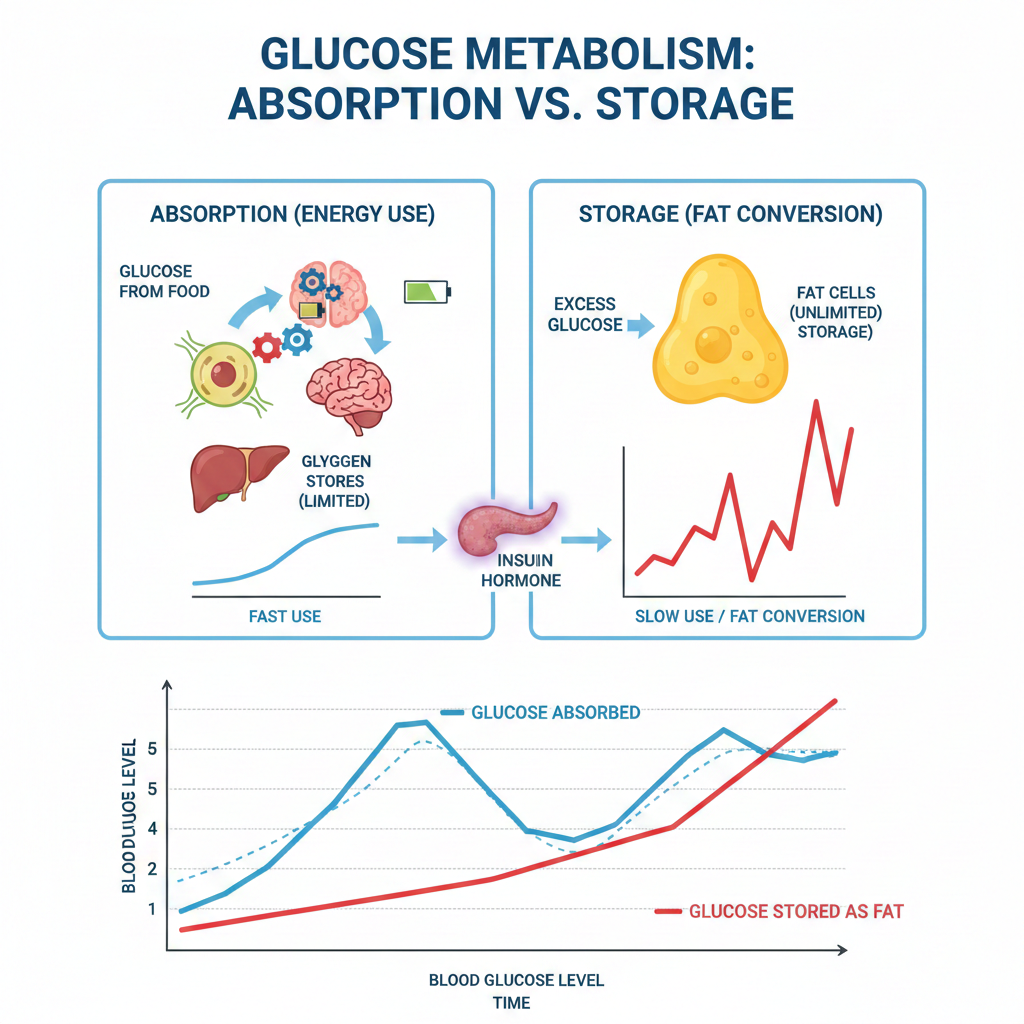 Para otimizar o seu Rank Math com foco na palavra-chave e na descrição técnica da imagem, use este Alt Text:

Comparison chart showing glucose being converted into energy vs. glucose being locked and stored as body fat due to slow metabolism.