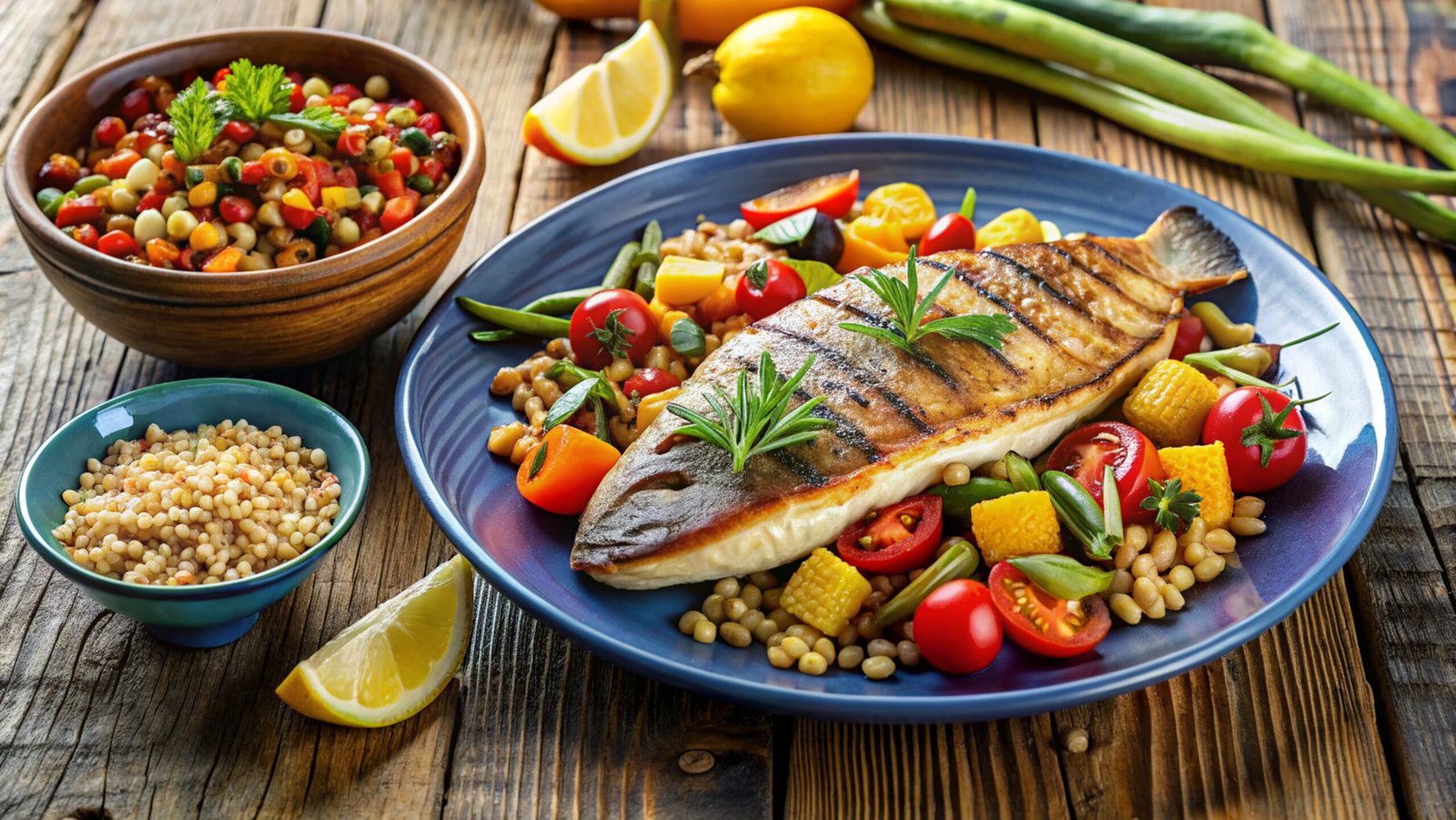Healthy meal with fish vegetables beans and whole grains for prostate health